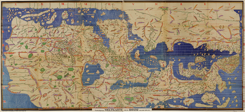 Historical reconstruction of al-Idrisi's world map with south positioned at the top